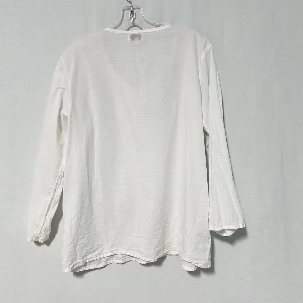CHIC CONNECTION Women Tunic Top L Long Sleeve White Embroidered 100% Cotton